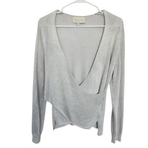 Michelle Mason Metallic Shimmer Faux Wrap Knit Sweater‎ Silver S Designer